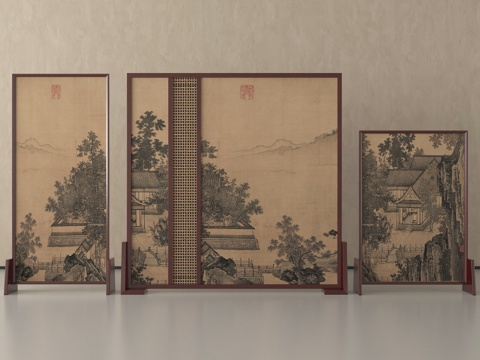 新中式屏风隔断 宋式风隔断su模型