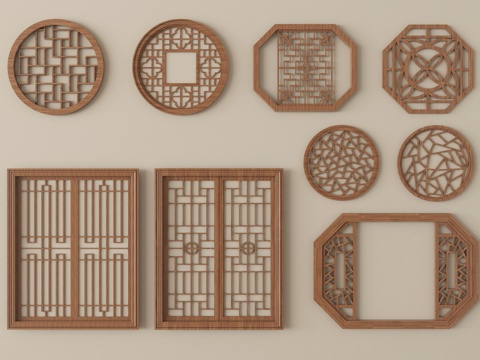 新中式镂花窗 仿古漏窗 窗花 镂空窗格 景墙花格窗su模型