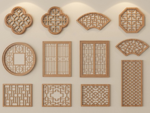 新中式镂花窗 仿古漏窗 窗花 镂空窗格 景墙花格窗su模型