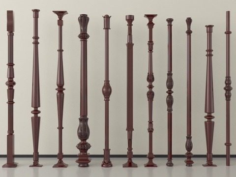 新中式实木楼梯扶手 护栏 立柱 栏杆su模型