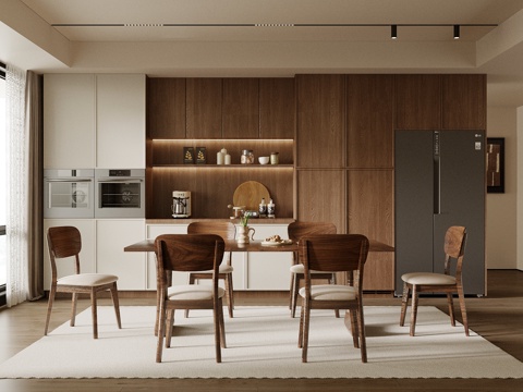 中古风餐厅 餐桌椅 餐边柜su模型