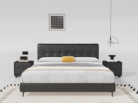  现代中古风双人床3d模型 