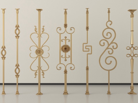 法式铁艺楼梯栏杆组合 护栏 柱子 扶手su模型