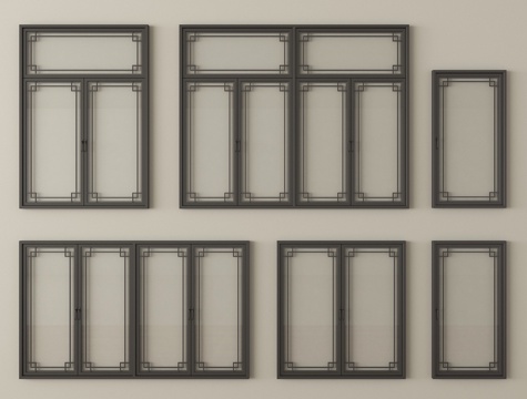 中式窗户 平开窗 落地窗 阳台窗su模型