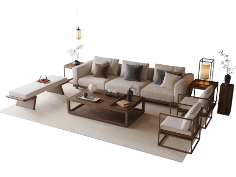 新中式沙发茶几组合su模型
