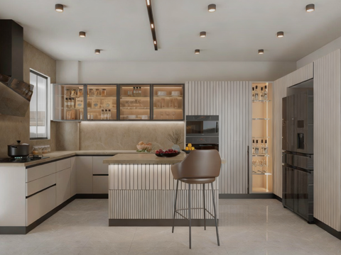 现代风格厨房 L型布局厨房 岛台一体式su模型