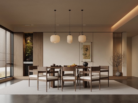 中古风餐厅 餐桌椅su模型