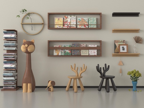 北欧置物架 立体墙饰 卡通凳子 书架su模型