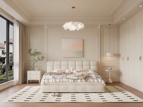 法式奶油风卧室 主卧 双人床 床头柜 衣柜su模型