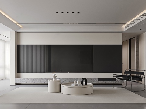 现代极简电视背景 极简悬浮电视墙 极简圆形茶几组合 灰色哑光su模型