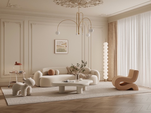 法式奶油风客厅 沙发茶几组合 沙发背景墙su模型