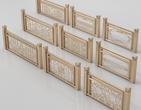 中式栏杆护栏 实木围栏护栏su模型