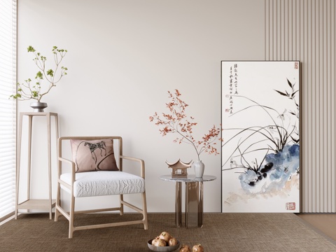 新中式禅意挂画 山水画 花鸟国画 书房挂画 办公室挂画 办公su模型