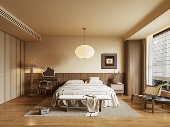 卧室 双人床 衣柜 休闲椅 灯笼 落地灯3d模型