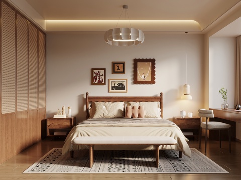 中古风卧室 床具组合 双人床 衣柜 书桌椅su模型