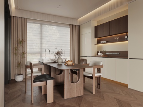 中古风餐厅 酒柜 餐边柜 餐桌岛台su模型