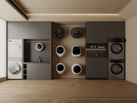 现代洗衣房 洗衣机柜 壁挂式洗衣机su模型