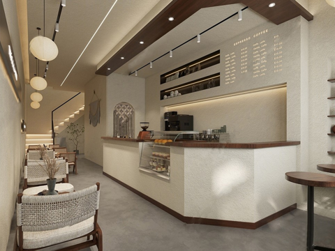 侘寂风奶茶店 餐桌餐椅组合 吊灯 奶茶店操作台 甜品橱窗 吊su模型