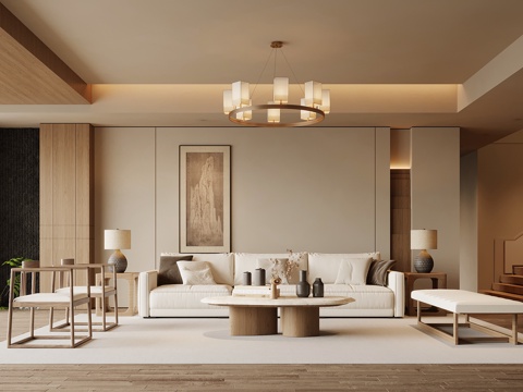 宋式风客厅 沙发背景墙 沙发茶几组合su模型