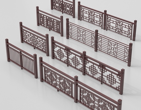 新中式栏杆护栏 栅栏围栏 实木围栏护栏su模型