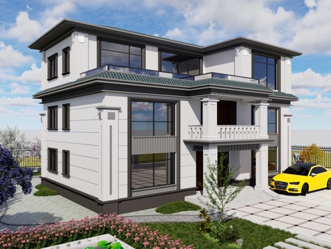 新中式轻奢独栋别墅 三层独栋别墅 新中式自建别墅 中式庭院景su模型