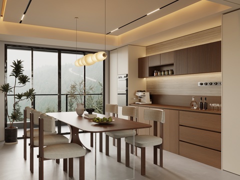 中古风餐厅 酒柜 餐桌椅su模型