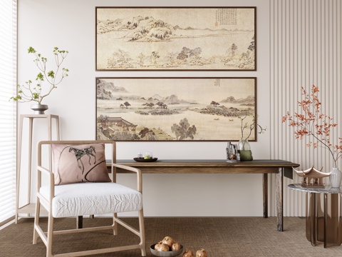 新中式禅意挂画 山水画 花鸟国画 书房挂画 办公室挂画 办公su模型