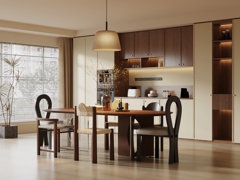 中古风餐厅 酒柜 餐桌椅su模型