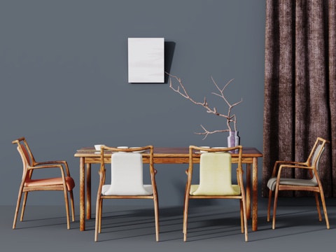  新中式餐厅 餐桌 餐椅 摆件 盆栽 挂画 窗帘3d模型 