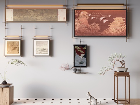 新中式禅意挂画 山水画 花鸟国画 书房挂画 办公室挂画 办公su模型