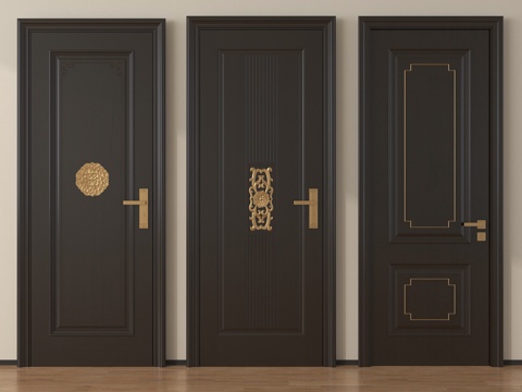 新中式入户门 防盗门 单开门  木门su模型