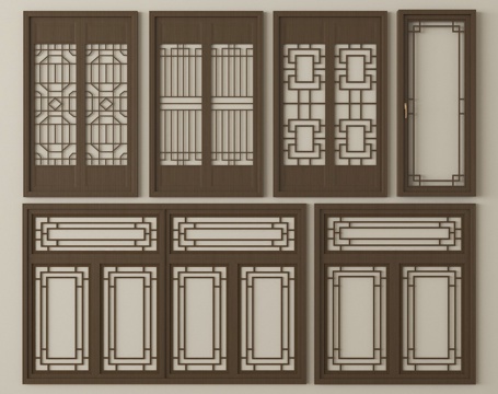 中式花格门窗 花窗 平开窗 雕花窗su模型