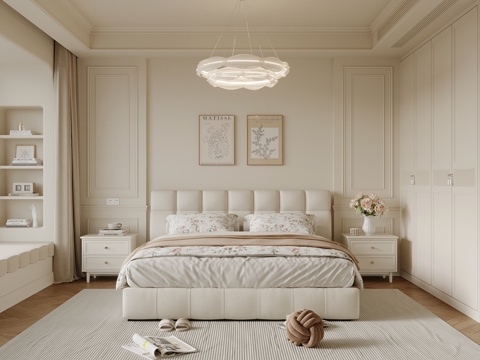 法式奶油风卧室 双人床 床头柜 衣柜su模型