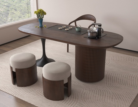 新中式茶桌椅组合 茶具su模型