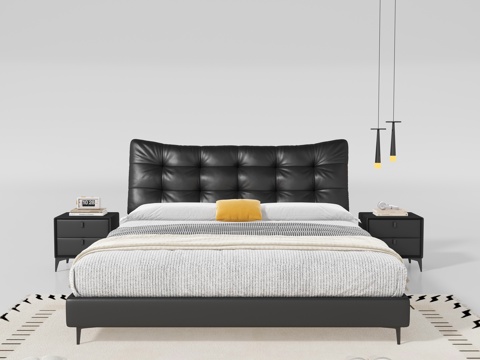  现代中古风双人床3d模型 