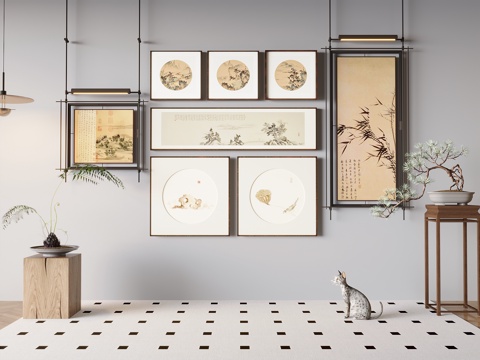 新中式禅意挂画 山水画 花鸟国画 书房挂画 办公室挂画 办公su模型