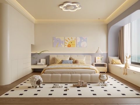  现代奶油风儿童房3d模型 