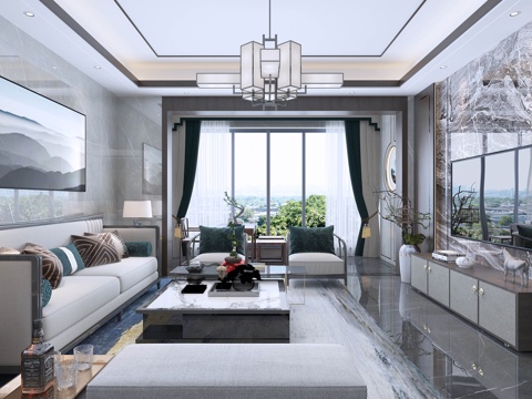  现代新中式轻奢客餐厅开放厨房3d模型 