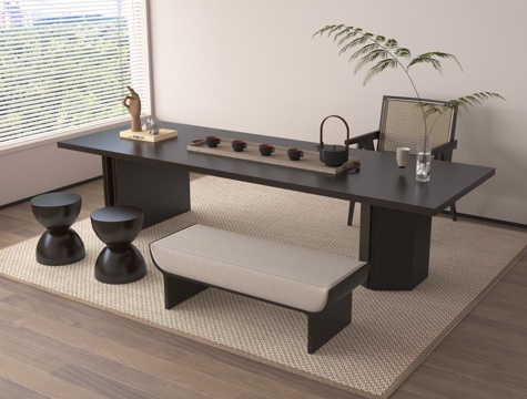 新中式茶桌椅组合 茶具su模型