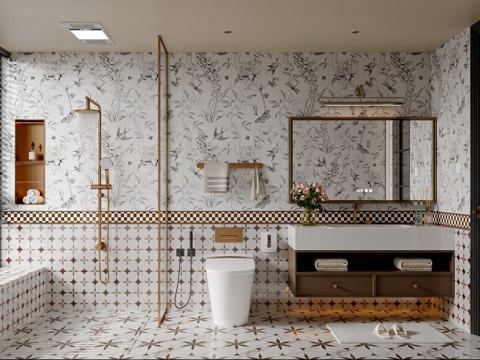  法式中古风卫生间 卫浴柜 卫浴镜 卫浴用品 花洒马桶3d模型 