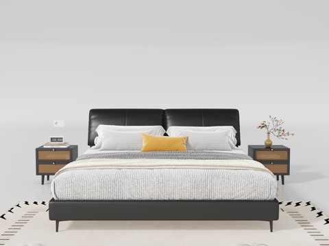  现代中古风双人床3d模型 