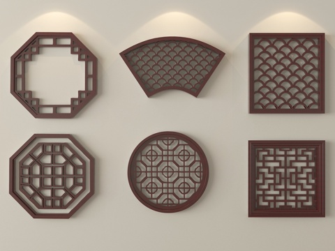 中式镂花窗 雕花图案 镂空窗格 景墙花格窗 仿古镂花窗su模型