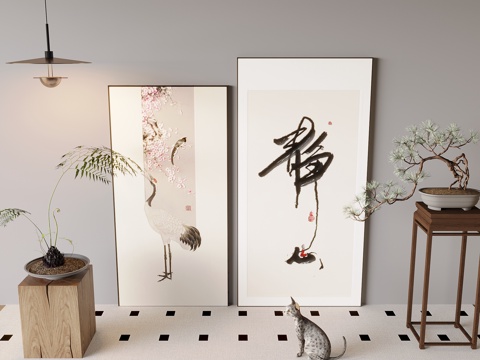 新中式禅意挂画 山水画 花鸟国画 书房挂画 办公室挂画 办公su模型