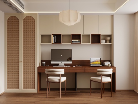 中古风书房 书柜 书桌椅su模型