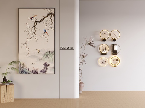 新中式禅意挂画 山水画 花鸟国画 书房挂画 办公室挂画 办公su模型