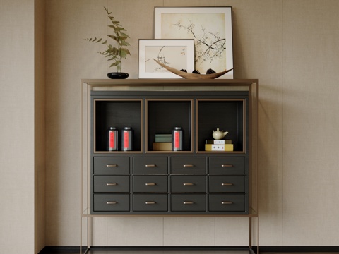 新中式茶柜 储物柜 展柜 边柜 饰品摆件su模型