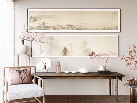 新中式禅意挂画 山水画 花鸟国画 书房挂画 办公室挂画 办公su模型