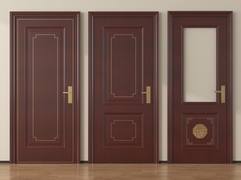 中式实木单开门 入户门 长虹玻璃平开门su模型