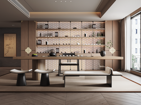 宋式茶室 宋式茶柜 餐桌椅 装饰画su模型