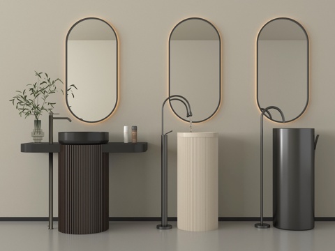 现代洗手台 立式洗手台  柱盆 镜子 水龙头su模型